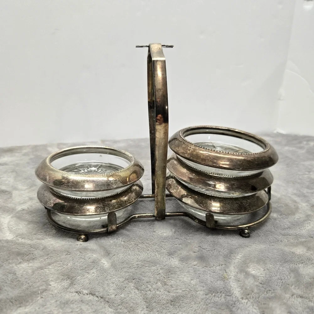 Vintage Glass Starburst Coasters with Silver Rim and‎ Caddy Holder Set of 5